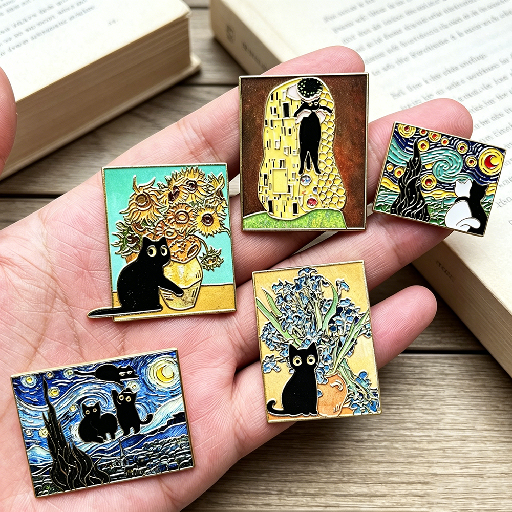 5pcs Famous Painting Black Cat - Collectible Vintage Brooches 评论和价格