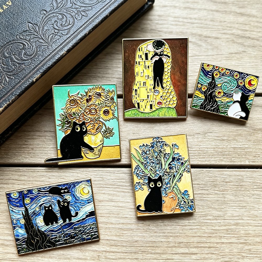 5pcs Famous Painting Black Cat - Collectible Vintage Brooches 评论和价格