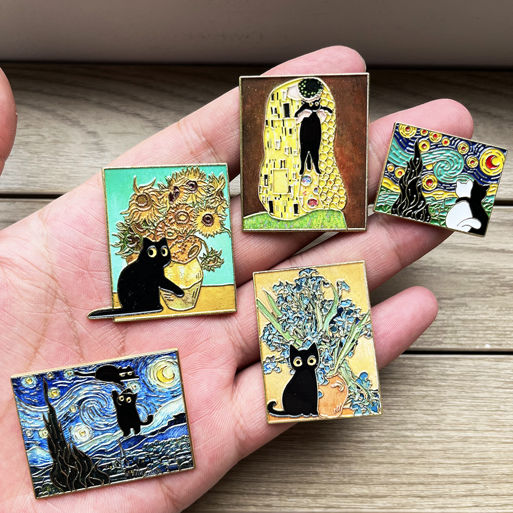 5pcs Famous Painting Black Cat - Collectible Vintage Brooches 评论和价格